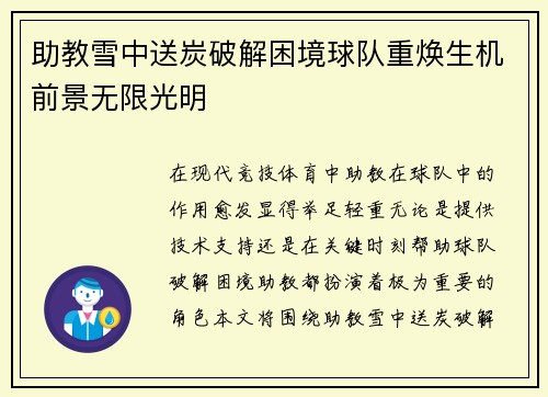 助教雪中送炭破解困境球队重焕生机前景无限光明