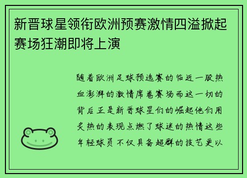 新晋球星领衔欧洲预赛激情四溢掀起赛场狂潮即将上演