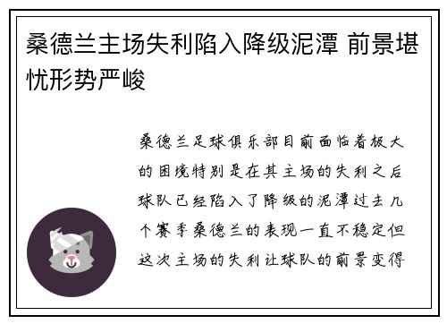 桑德兰主场失利陷入降级泥潭 前景堪忧形势严峻